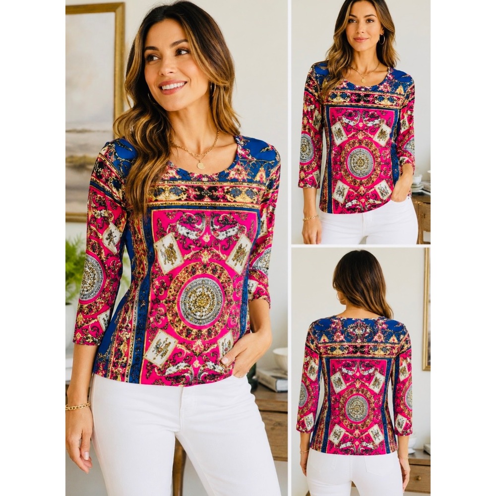 Pierri Baroque Scarf Print Knit Top Women's 3/4/Long Sleeve Pink Blue Medallion